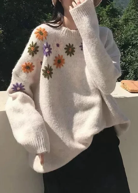 Modern fashion pieces designed for all women Loose Apricot O-Neck Embroideried Cozy Thick Knit Sweaters Fall Modern fashion pieces designed for all women Loose Apricot O-Neck Embroideried Cozy Thick Knit Sweaters Fall