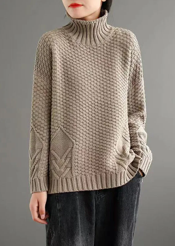 Versatile outfits to transition from day to night   Loose Apricot Turtleneck Patchwork Knitted Cotton Sweaters Fall
