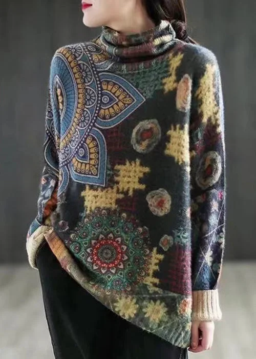 Cozy women’s clothing for the colder months Loose Dark Grey Turtleneck Print Patchwork Mink Hair Knitted Sweaters Fall Cozy women’s clothing for the colder months Loose Dark Grey Turtleneck Print Patchwork Mink Hair Knitted Sweaters Fall