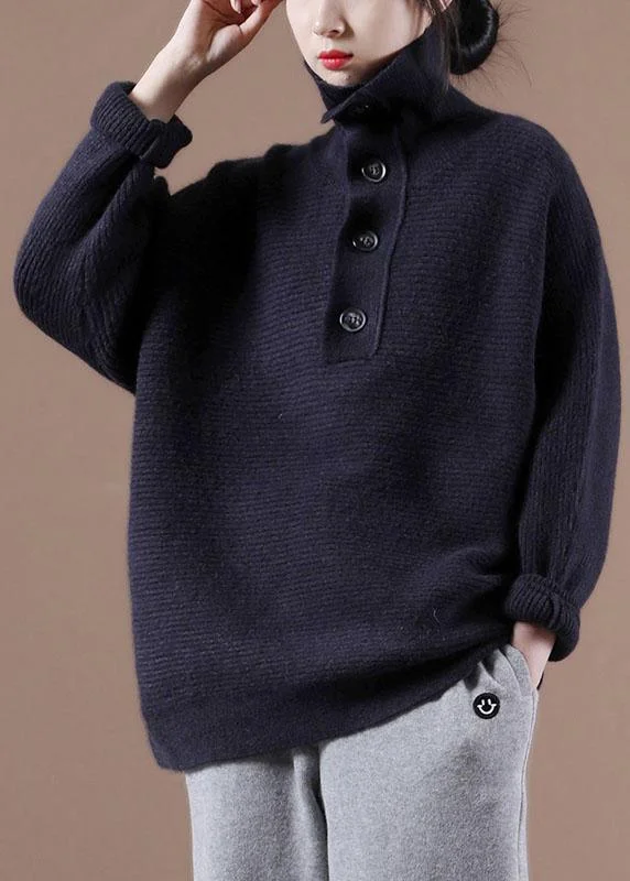 Dress up or down with these versatile pieces Loose Navy High Neck Button Fall Knit Sweater Dress up or down with these versatile pieces Loose Navy High Neck Button Fall Knit Sweater
