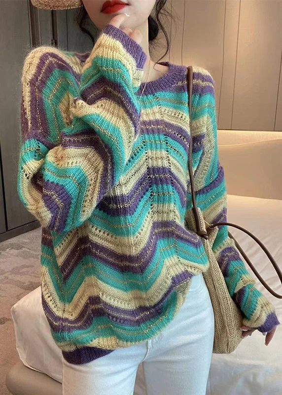Summer-ready fashion for stylish women Loose Purple Striped O Neck Hollow Out Patchwork Knit Sweaters Fall Summer-ready fashion for stylish women Loose Purple Striped O Neck Hollow Out Patchwork Knit Sweaters Fall
