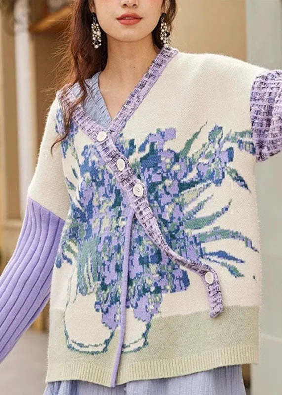 Designer-inspired women’s fashion at affordable prices Loose Purple V Neck Floral Button Cotton Knit Sweater Coats Fall Designer-inspired women’s fashion at affordable prices Loose Purple V Neck Floral Button Cotton Knit Sweater Coats Fall