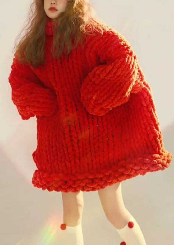 Stylish plus-size clothing for women Loose Red Turtleneck Cozy Cable Cotton Knit Sweater Fall Stylish plus-size clothing for women Loose Red Turtleneck Cozy Cable Cotton Knit Sweater Fall