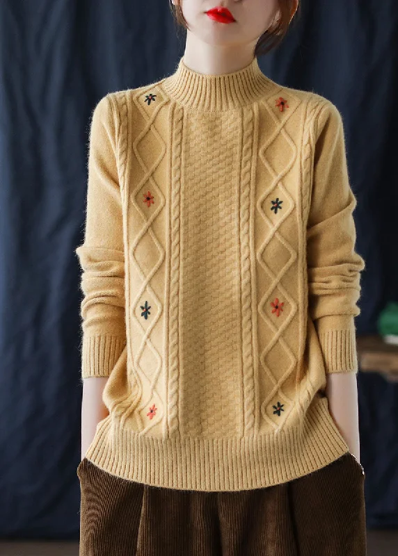 Versatile fashion options for every occasion Loose Yellow Embroideried Floral Knit Sweaters Winter Versatile fashion options for every occasion Loose Yellow Embroideried Floral Knit Sweaters Winter