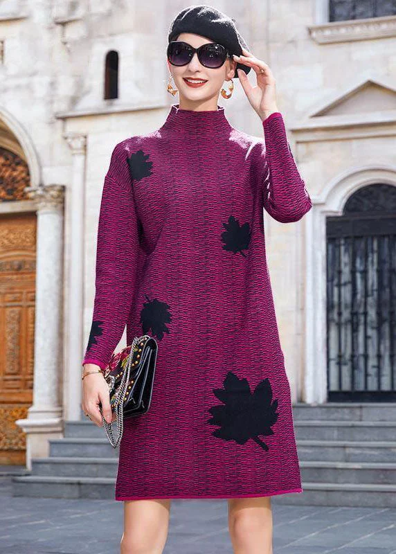 Feminine fashion to express your unique style Modern Purple High Neck Maple Leaves Jacquard Knit Long Sweater Winter Feminine fashion to express your unique style Modern Purple High Neck Maple Leaves Jacquard Knit Long Sweater Winter