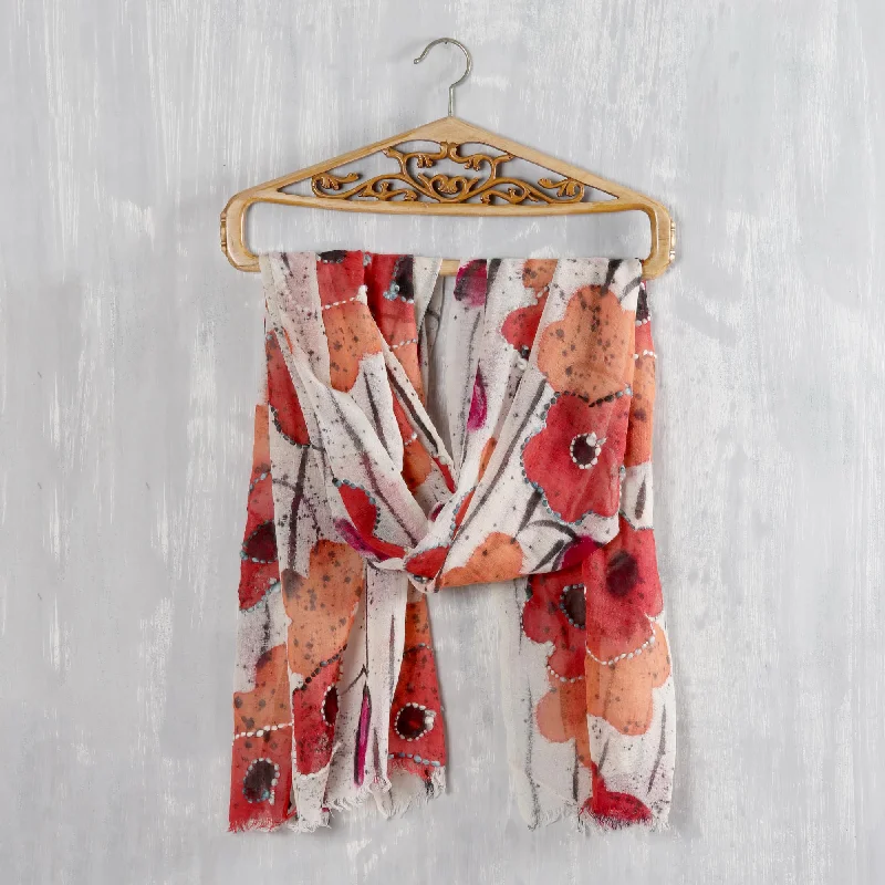 Stylish clothing designed to flatter every woman Morning Allure Red and Orange Floral Wool Shawl from India Stylish clothing designed to flatter every woman Morning Allure Red and Orange Floral Wool Shawl from India