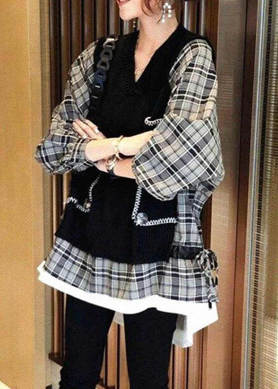 Soft, breathable fabrics for fashionable women Natural Black Knit Patchwork Plaid Loose Fall Knit Sweater Soft, breathable fabrics for fashionable women Natural Black Knit Patchwork Plaid Loose Fall Knit Sweater