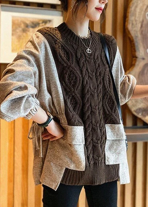 Chic, modern fashion for empowered women Natural Coffee Patchwork Pockets Cinched Thick Fall Knit Sweater Chic, modern fashion for empowered women Natural Coffee Patchwork Pockets Cinched Thick Fall Knit Sweater