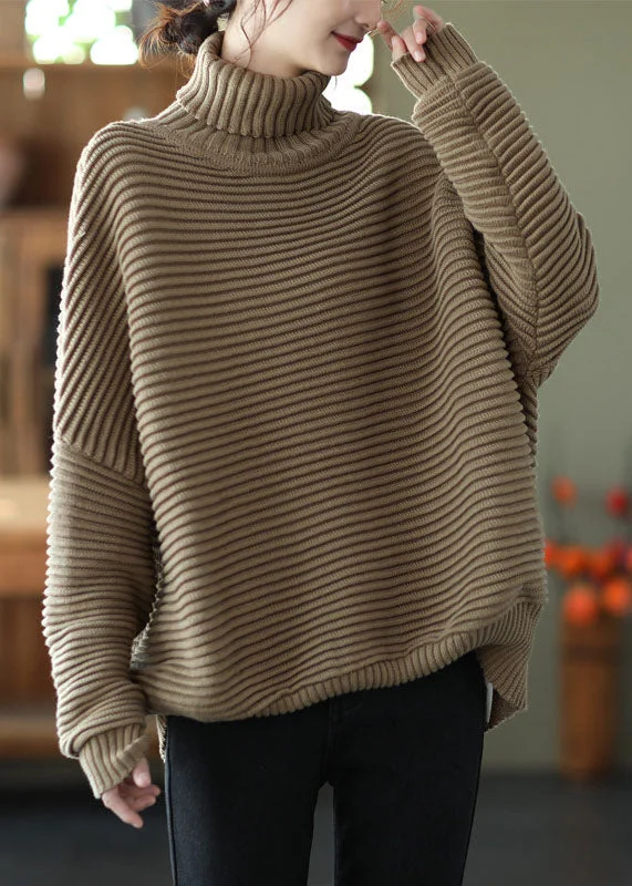 Fashionable clothing to fit every body type Natural Khaki Turtle Neck Striped Knit Sweater Winter Fashionable clothing to fit every body type Natural Khaki Turtle Neck Striped Knit Sweater Winter