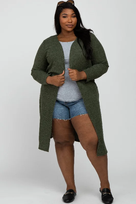 Versatile fashion for every type of woman Olive Heathered Ribbed Side Slit Long Plus Cardigan Versatile fashion for every type of woman Olive Heathered Ribbed Side Slit Long Plus Cardigan