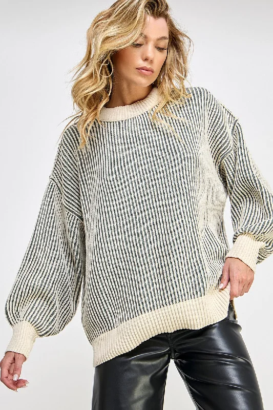 Soft, breathable fabrics for fashionable women   Olive Ribbed Balloon Sleeve Sweater