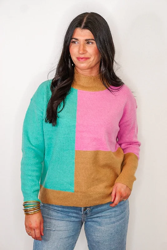 Chic, modern looks for the stylish woman   Pink And Teal Colorblock Sweater