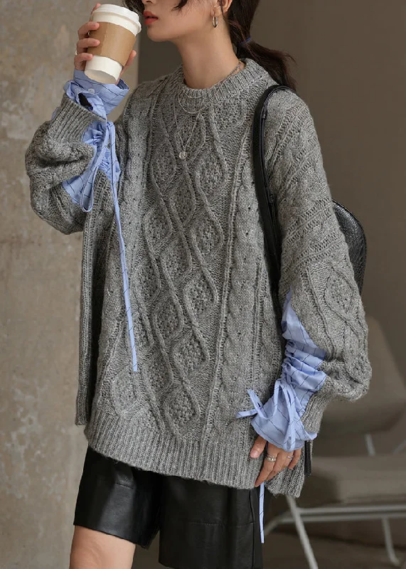 Soft, breathable fabrics for fashionable women Plus Size Black O Neck Drawstring Patchwork Cotton Knit Sweaters Fall Soft, breathable fabrics for fashionable women Plus Size Black O Neck Drawstring Patchwork Cotton Knit Sweaters Fall