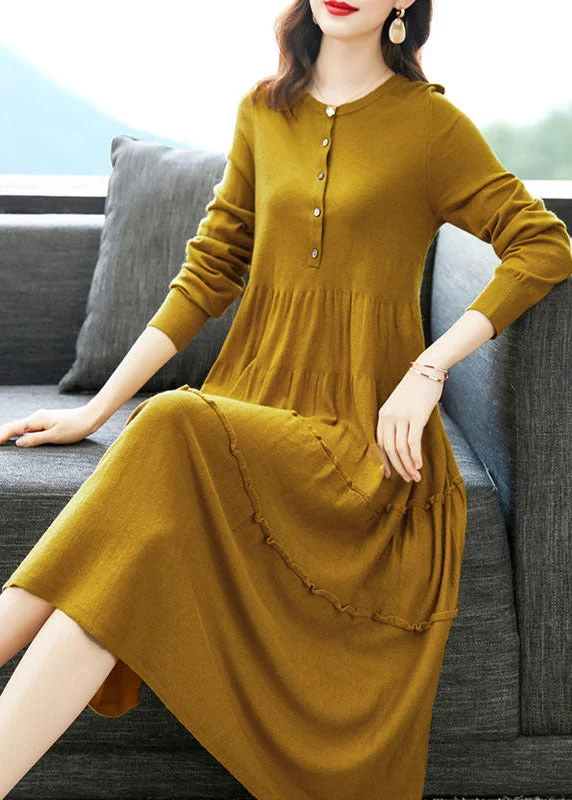 Chic and comfortable clothing for busy women Plus Size Yellow O-Neck Ruffled Knit Sweater A Line Dress Winter Chic and comfortable clothing for busy women Plus Size Yellow O-Neck Ruffled Knit Sweater A Line Dress Winter