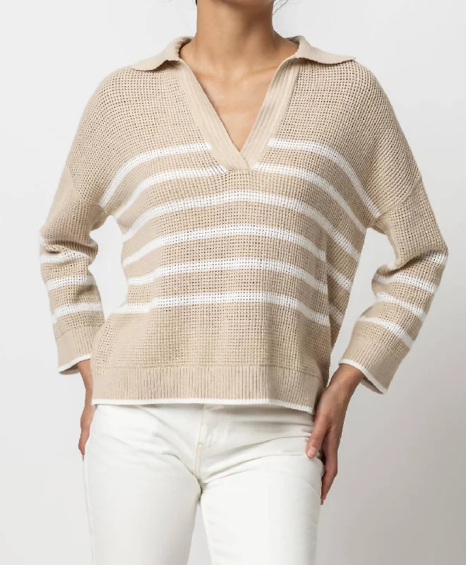 Soft, breathable fabrics for fashionable women   Stripe Polo Sweater In Husk