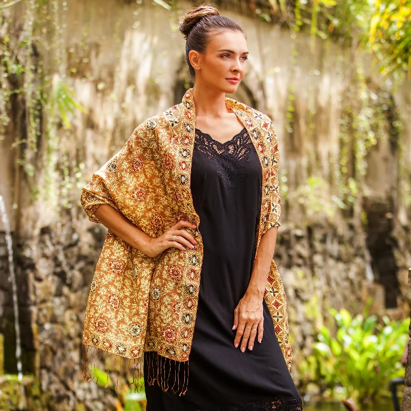 Stylish plus-size clothing for women Truntum Forest in Ginger Batik Silk Shawl with Ginger Floral Motifs from Bali Stylish plus-size clothing for women Truntum Forest in Ginger Batik Silk Shawl with Ginger Floral Motifs from Bali