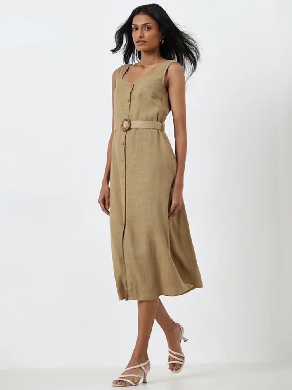 Discover the latest trends in women’s fashion   LOV Dark Beige A-Line Dress with Belt