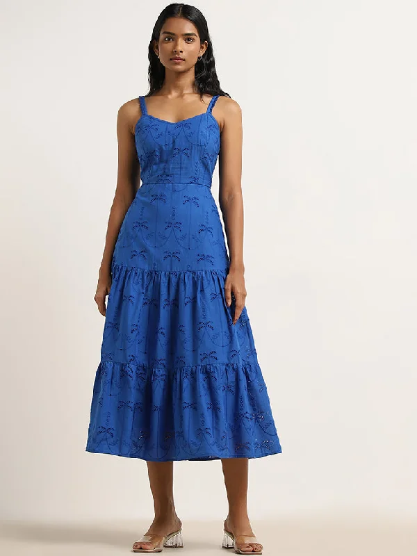Bold fashion choices for the confident woman LOV Dark Blue Schiffli Design Tiered Cotton Dress Bold fashion choices for the confident woman LOV Dark Blue Schiffli Design Tiered Cotton Dress