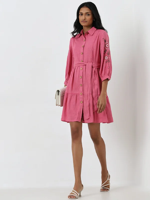 Dress to impress with elegant women’s wear LOV Pink Floral Embroidered Shirt Dress with Belt Dress to impress with elegant women’s wear LOV Pink Floral Embroidered Shirt Dress with Belt