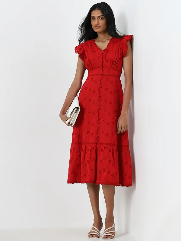 High-fashion styles at affordable prices LOV Red Schiffli Design A-Line Cotton Dress High-fashion styles at affordable prices LOV Red Schiffli Design A-Line Cotton Dress