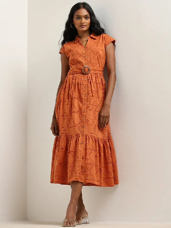 Express your style with fashionable women’s clothing LOV Rust Schiffli Tiered Cotton Shirt Dress with Belt Express your style with fashionable women’s clothing LOV Rust Schiffli Tiered Cotton Shirt Dress with Belt