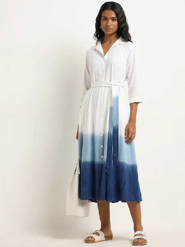 Feminine silhouettes for the modern woman LOV White Ombre Blended Linen Shirt Dress with Belt Feminine silhouettes for the modern woman LOV White Ombre Blended Linen Shirt Dress with Belt