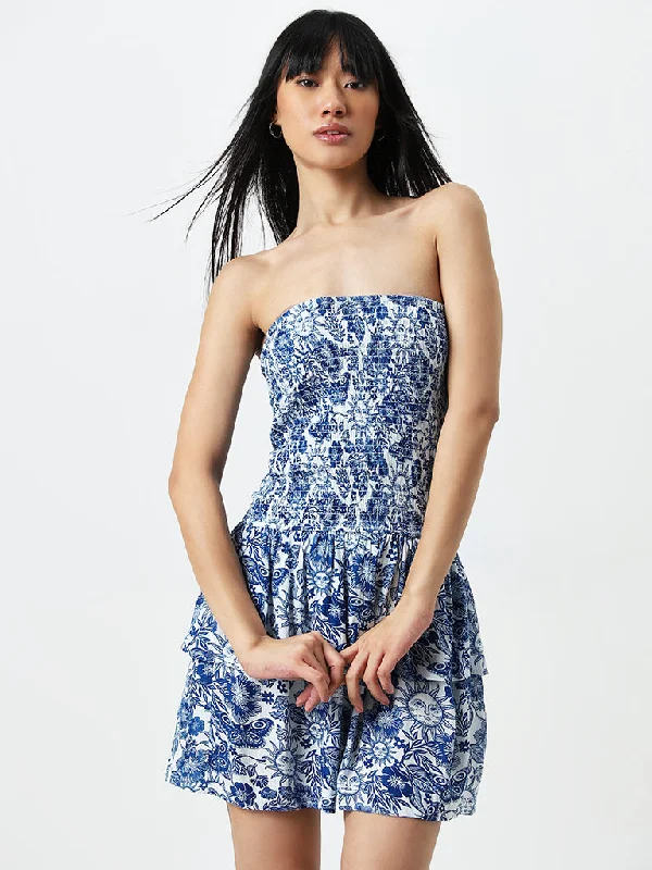 Elegant casual clothing for modern women   Nuon Blue Floral Printed A-Line Dress