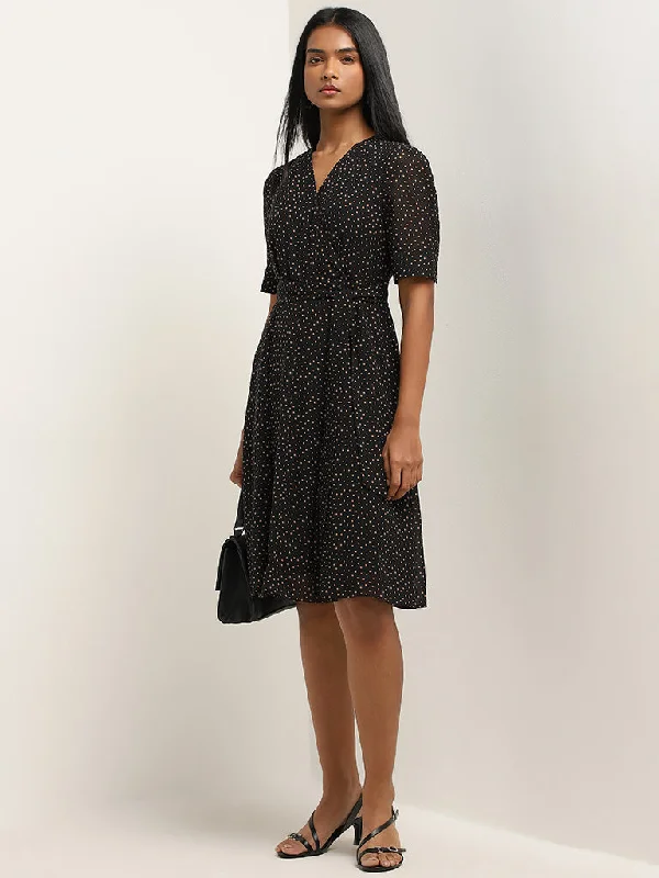 Stylish women’s clothing designed for comfort Wardrobe Black Polka Dotted A-line Dress with Belt Stylish women’s clothing designed for comfort Wardrobe Black Polka Dotted A-line Dress with Belt