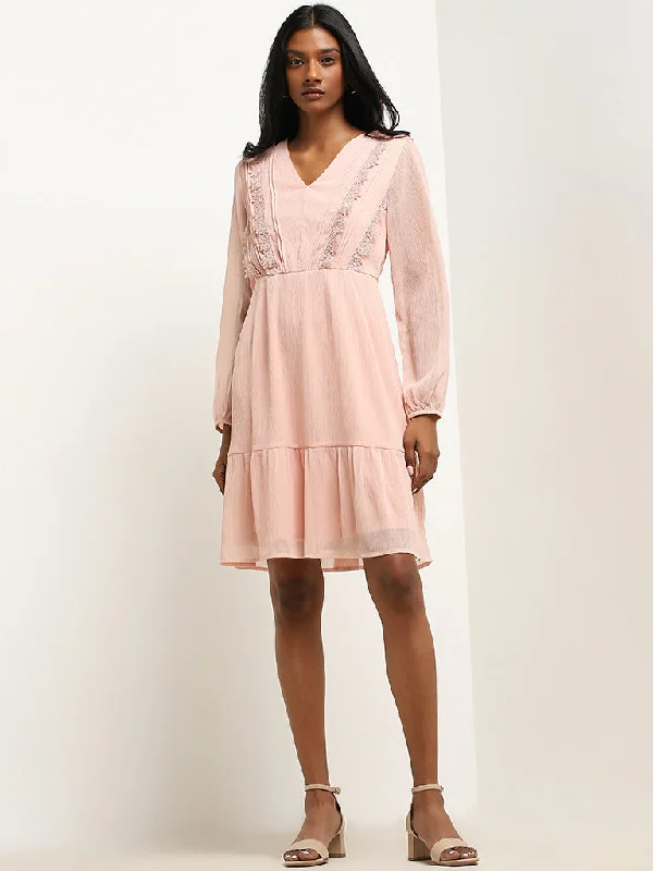 Stylish plus-size clothing for women   Wardrobe Peach Lace Detailed Tiered Dress
