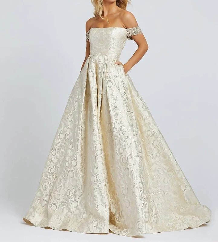 Versatile fashion options for every occasion   Brocade Off Shoulder Ball Gown In Gold