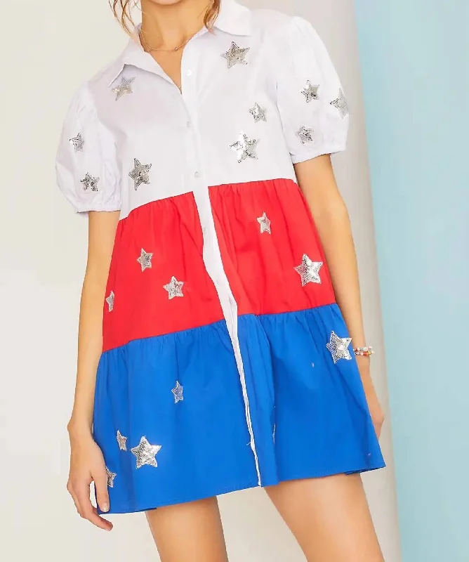Refresh your wardrobe with stylish women’s outfits   Star Patch Shirt Dress In Multi