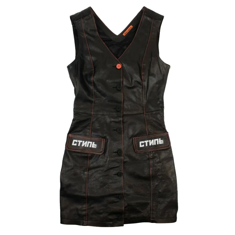 Trendy women’s clothing with a modern twist   Women's Black Leather V-Neck Dress Size
