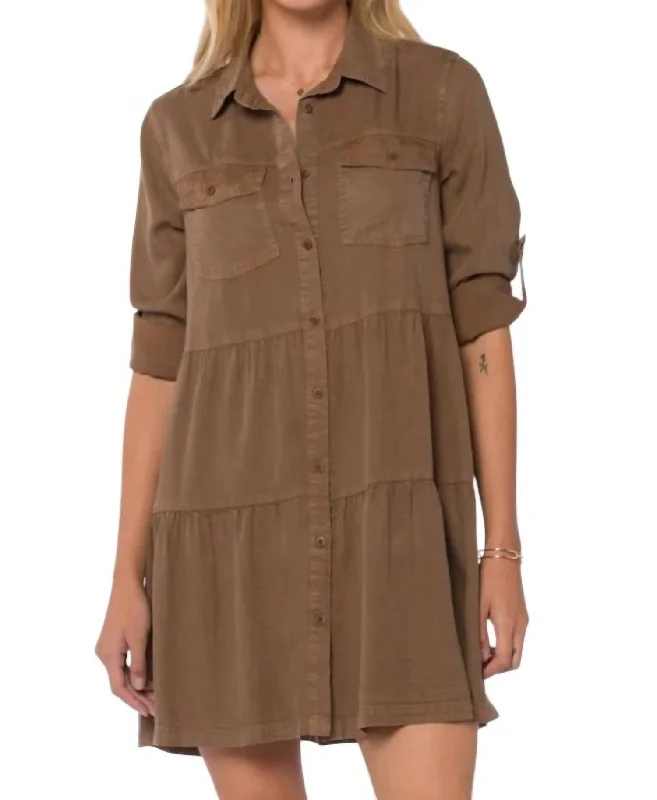 Elegant and comfortable women’s fashion wear   Bree Rolled Tab Sleeve Dress In Bark