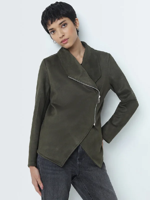 Comfortable yet stylish outfits for women on the go   LOV Olive Suede Zipper Jacket