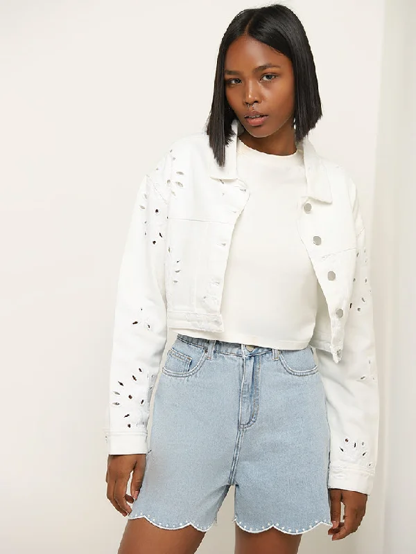Elevate your style with fashionable women’s clothing Nuon White Schiffli Design Denim Jacket Elevate your style with fashionable women’s clothing Nuon White Schiffli Design Denim Jacket