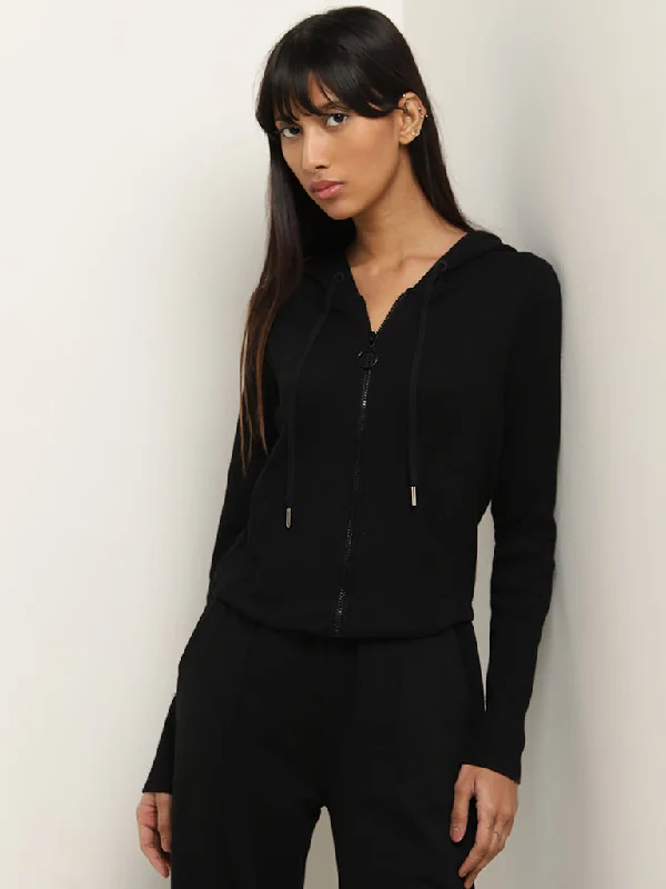 Women’s clothing that combines comfort and style Studiofit Black Ribbed-Texture Cotton Blend Hooded Jacket Women’s clothing that combines comfort and style Studiofit Black Ribbed-Texture Cotton Blend Hooded Jacket