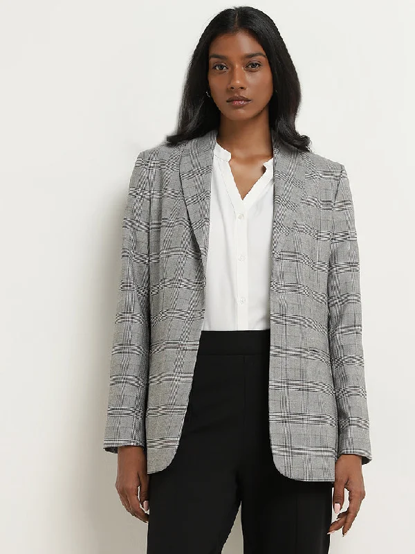 Feminine fashion to express your unique style Wardrobe Grey Houndstooth Checkered Blazer Feminine fashion to express your unique style Wardrobe Grey Houndstooth Checkered Blazer