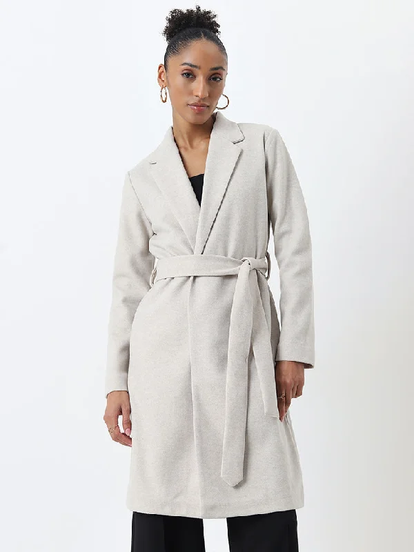 Fashionable clothing that fits every occasion   Wardrobe Off-White Solid Long Coat with Belt