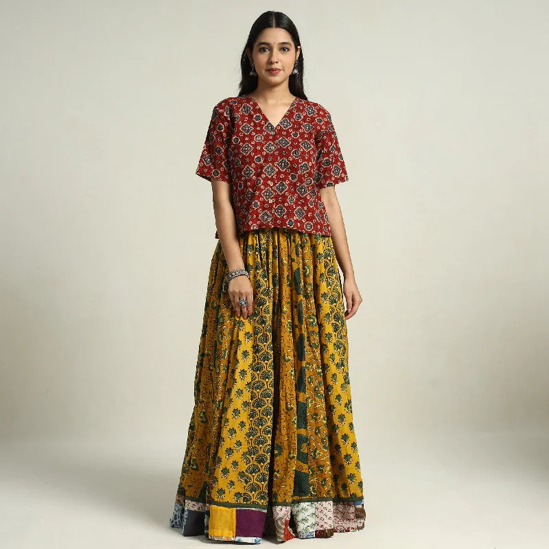 Versatile fashion options for every occasion Yellow - Ajrakh Block Printed 24 Kali Patchwork Cotton Long Skirt 01 Versatile fashion options for every occasion Yellow - Ajrakh Block Printed 24 Kali Patchwork Cotton Long Skirt 01