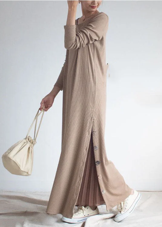 Fashionable, yet affordable women’s apparel Art Beige O-Neck Oversized Side Open Knit Ankle Dress Spring Fashionable, yet affordable women’s apparel Art Beige O-Neck Oversized Side Open Knit Ankle Dress Spring