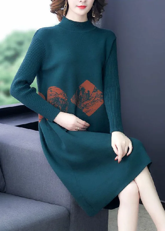 Sporty-chic women’s apparel for active lifestyles Art Blackish Green High Neck Print Cashmere Knitted Dress Long Sleeve Sporty-chic women’s apparel for active lifestyles Art Blackish Green High Neck Print Cashmere Knitted Dress Long Sleeve