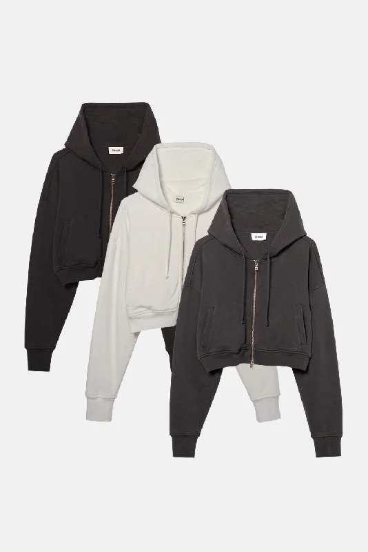 Stylish and comfortable outfits for women   BABYDOLL CROP ZIP HOODIE 3 PACK