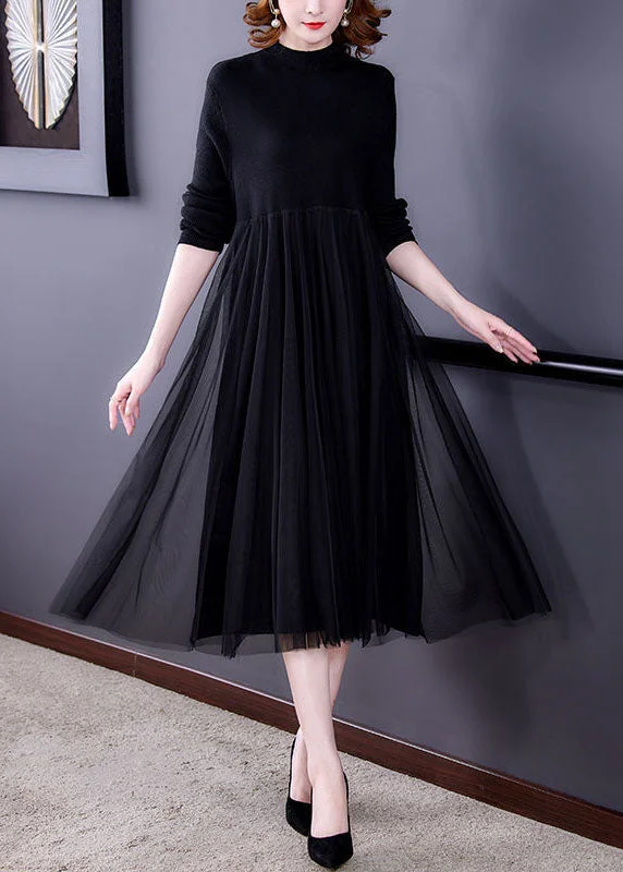 Stylish plus-size clothing for women Black Patchwork Tulle Knit Long Dress Exra Large Hem Long Sleeve Stylish plus-size clothing for women Black Patchwork Tulle Knit Long Dress Exra Large Hem Long Sleeve
