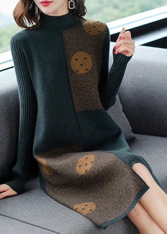 Women’s clothing that fits your personality and style Blackish Green Patchwork Cashmere Knitted Dress Stand Collar Print Long Sleeve Women’s clothing that fits your personality and style Blackish Green Patchwork Cashmere Knitted Dress Stand Collar Print Long Sleeve