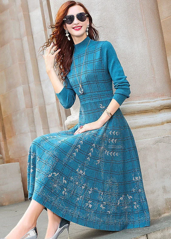 The ultimate destination for women’s clothing   Blue Print Knit Cinch Dress Stand Collar Plaid Exra Large Hem Winter