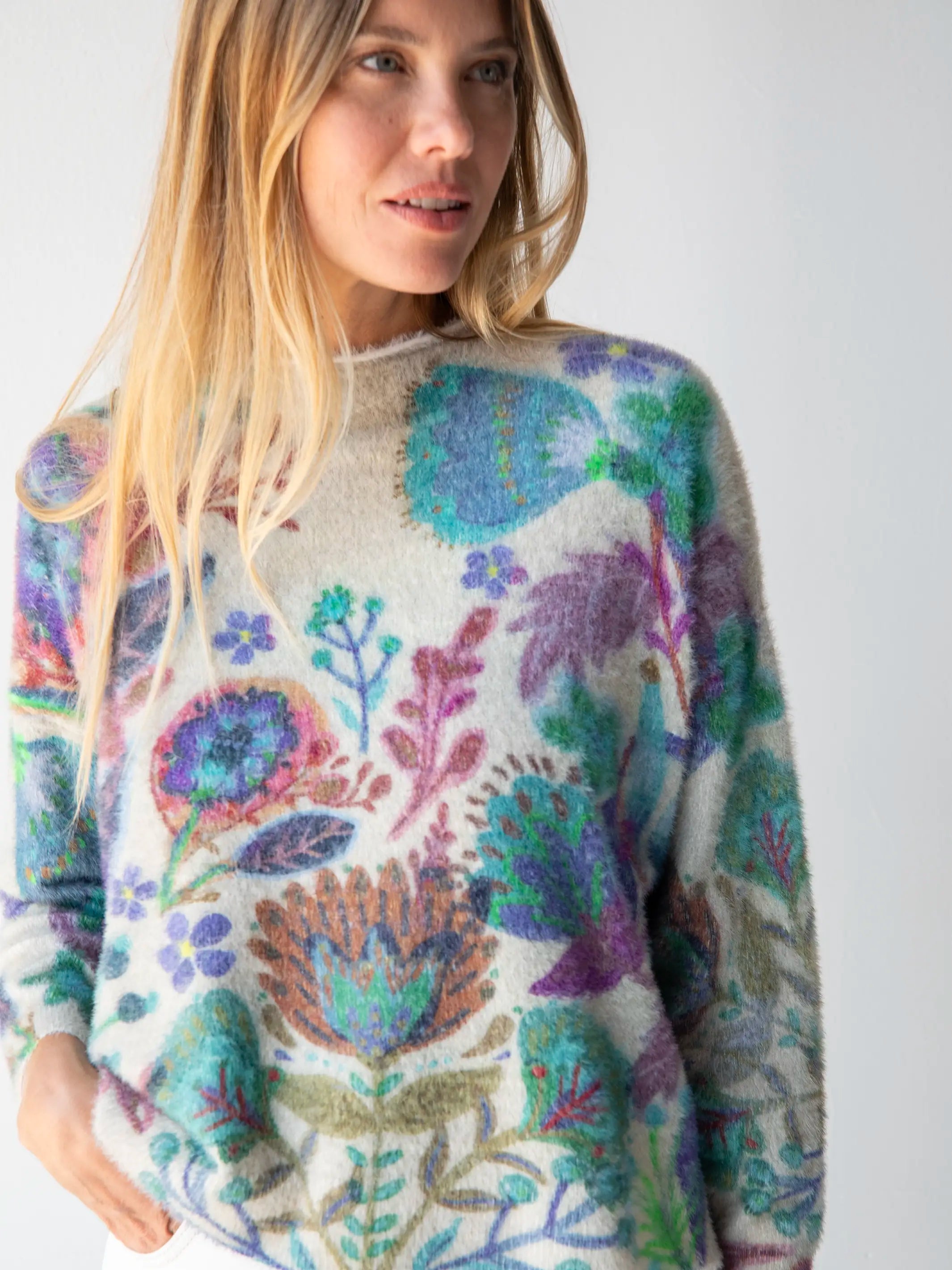 Trendy women’s clothing    Cashmere-Like Mock Neck Sweater - Ash Folk Flower