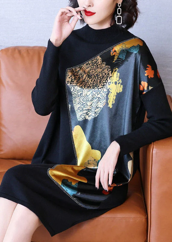 Soft, breathable fabrics for fashionable women Casual Black Stand Collar Asymmetrical Patchwork Print Knit Long Sweater Winter Soft, breathable fabrics for fashionable women Casual Black Stand Collar Asymmetrical Patchwork Print Knit Long Sweater Winter