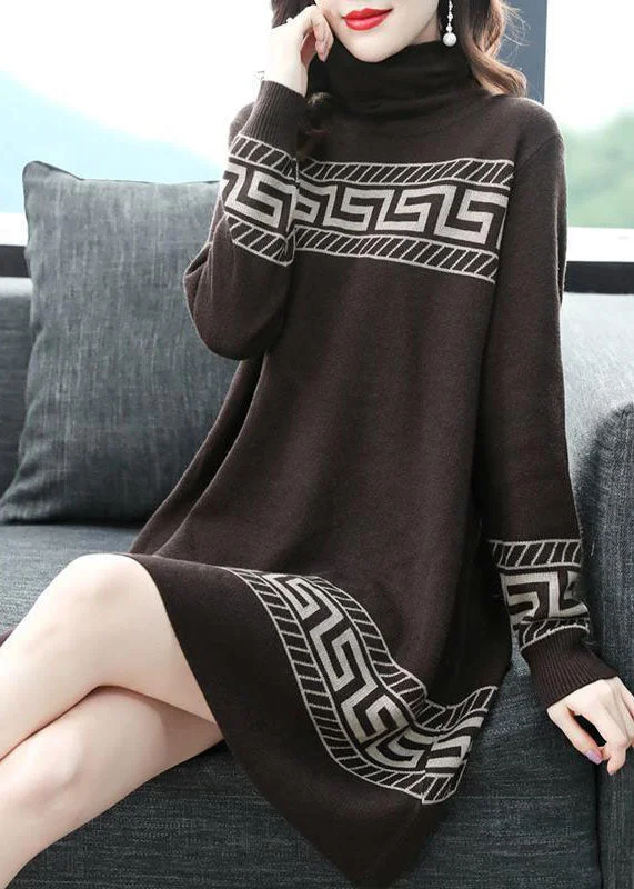 Modern fashion pieces designed for all women Chocolate Print Long A Line Dress Turtle Neck Long Sleeve Modern fashion pieces designed for all women Chocolate Print Long A Line Dress Turtle Neck Long Sleeve