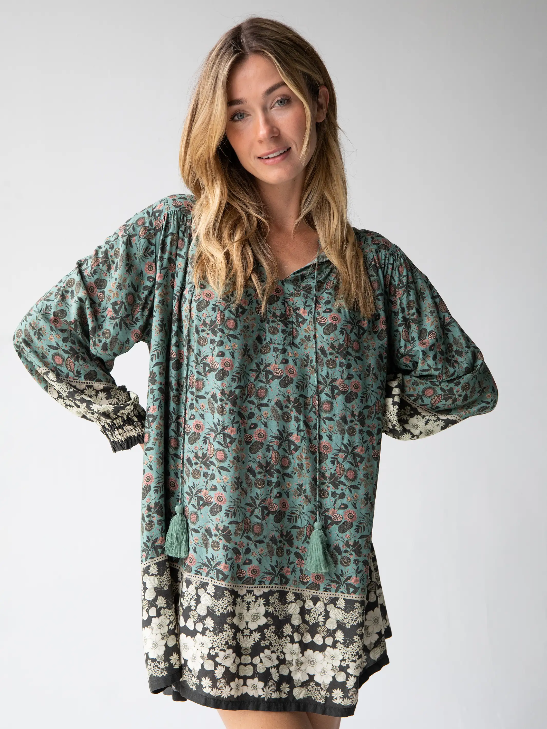Trendsetting women’s clothing for fashion lovers   Dara V-Neck Tunic Dress - Sage Black Floral Border