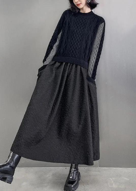 Feminine silhouettes for the modern woman Elegant Black O-Neck Patchwork Knit Maxi Dresses Winter Feminine silhouettes for the modern woman Elegant Black O-Neck Patchwork Knit Maxi Dresses Winter